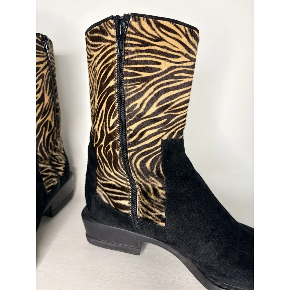 Womens Stuart Weitzman - Black W/ Tan & Brown Animal Print Boots, Zip Up, Size 8